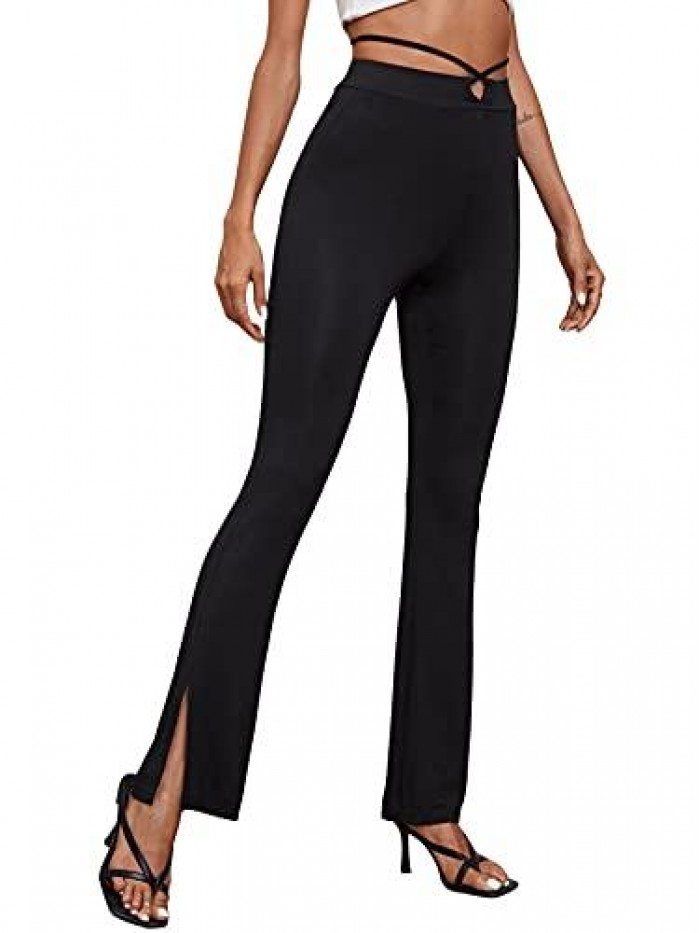 Women's Mid Waist Cut Out Laddering Stretch Comfy Flare Leg Night Out Pants 