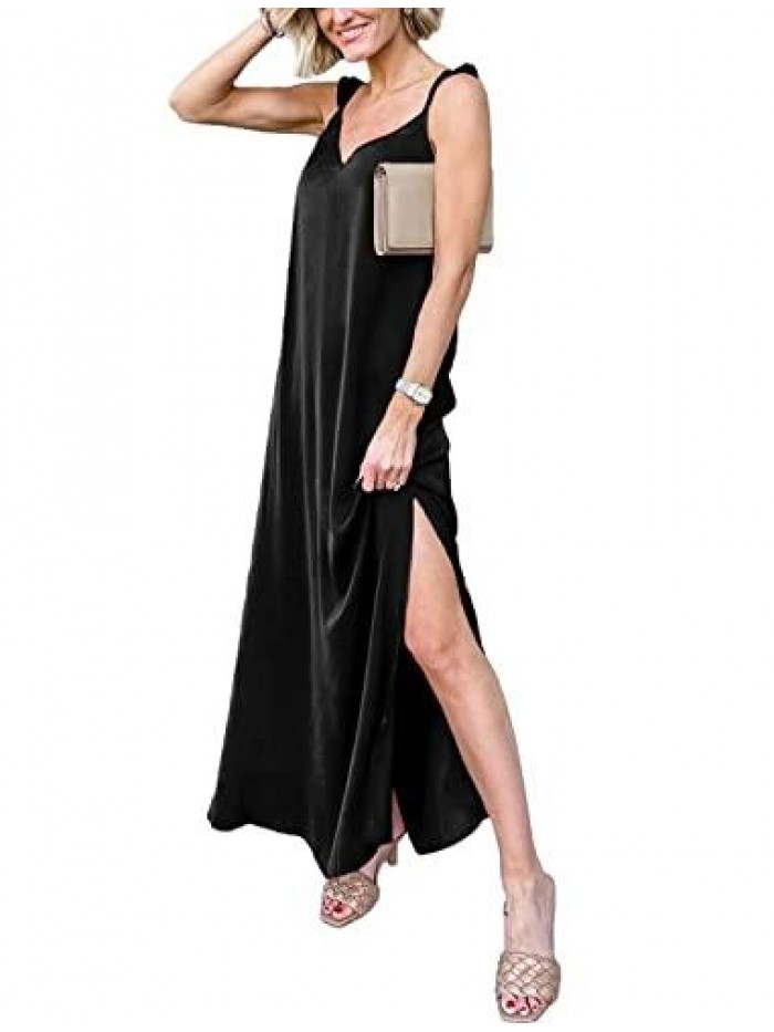 PRETTYGARDEN Women's V Neck Side Slit Spaghetti Strap Maxi Dress Loose Fit Flowy Long Cocktail Dresses