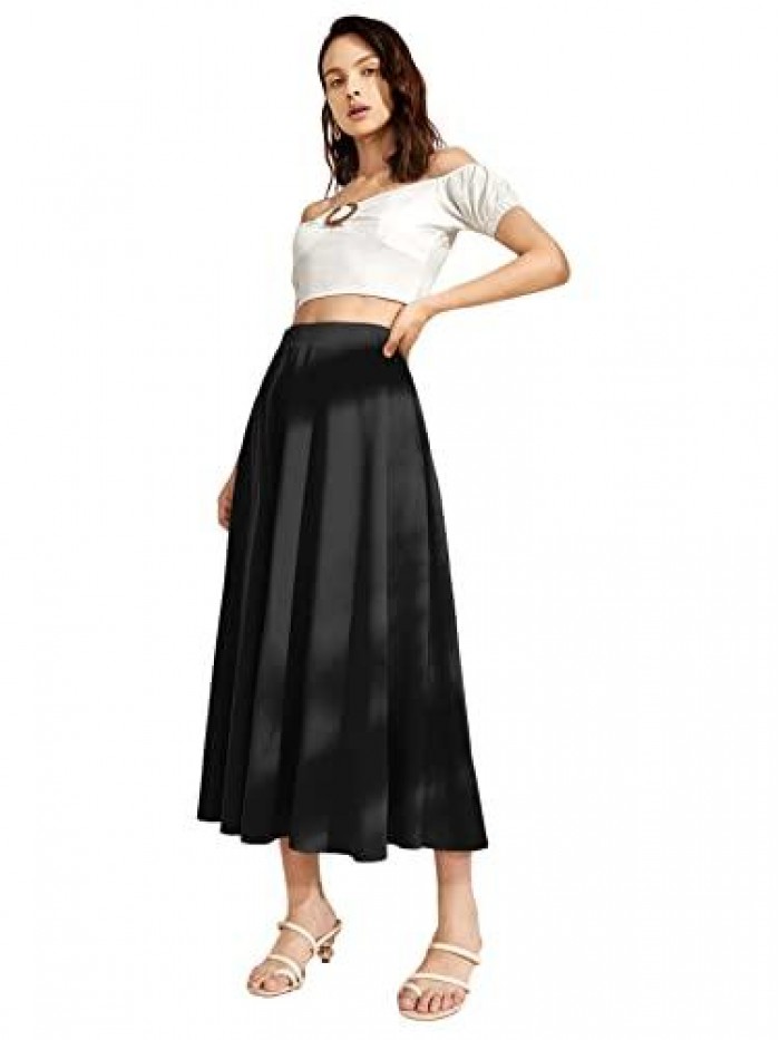 Women's Solid High Elastic Waist A Line Flared Pleated Swing Midi Long Skirt 