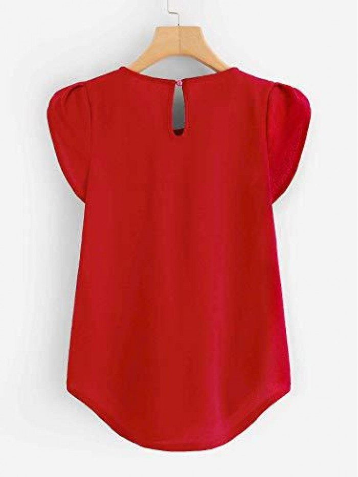 Women's Casual Round Neck Basic Pleated Top Cap Sleeve Curved Keyhole Back Blouse 