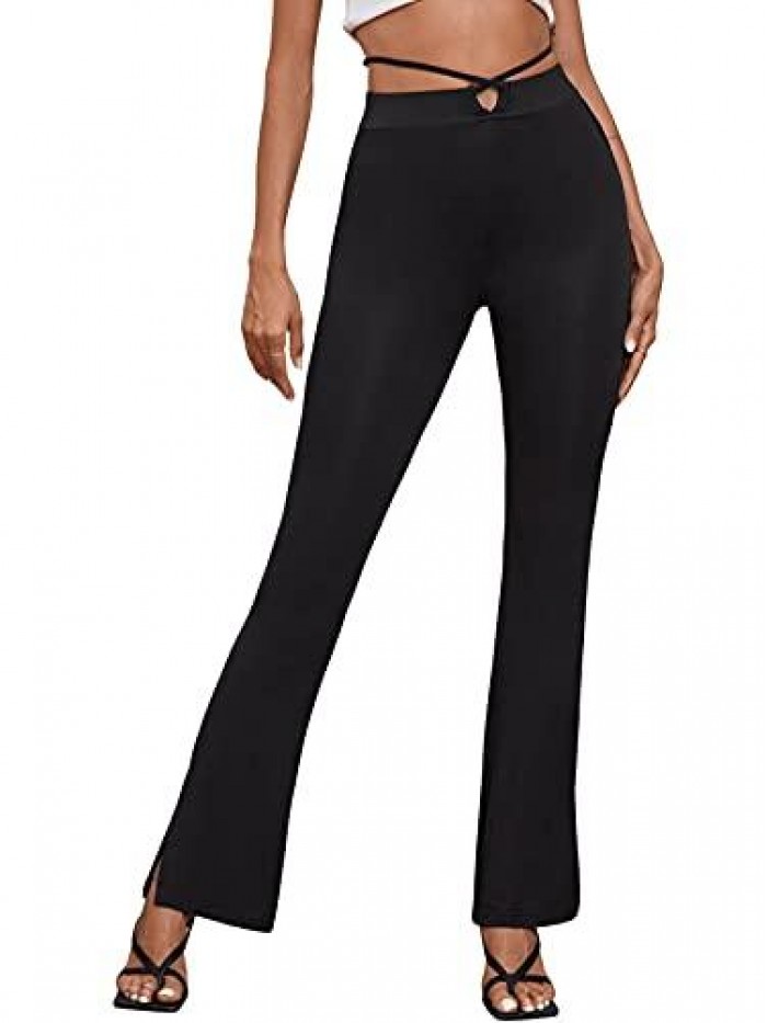 Women's Mid Waist Cut Out Laddering Stretch Comfy Flare Leg Night Out Pants 