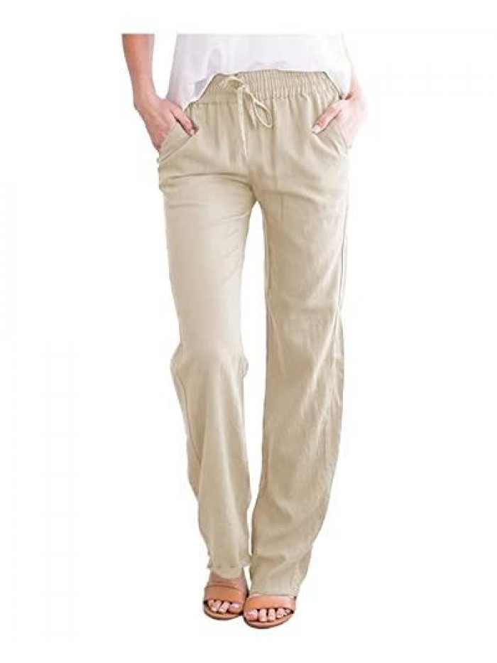 Women's Casual Straight Leg Cotton Linen Pant Drawstring Solid Baggy Beach Trouser 