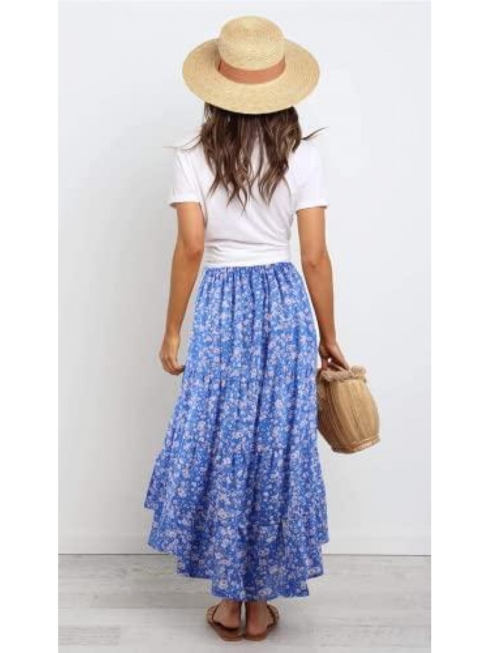 Ditzy Floral Skirt Midi Boho Elastic High Waist Skirt A-line Long Vintage Skirts for Women Pleated Skirt 