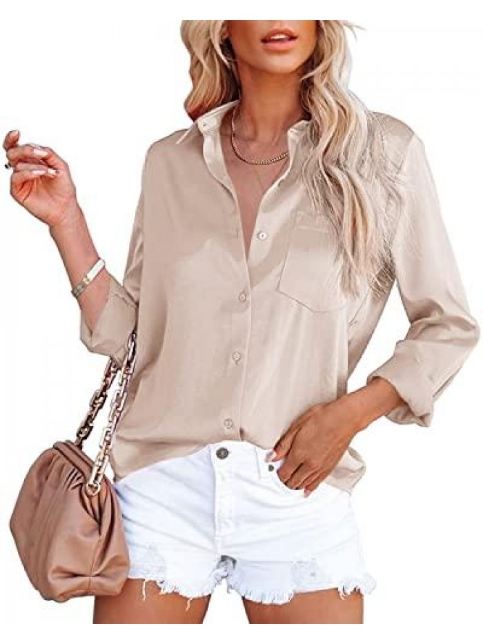 Women's Button Down Satin V Neck Shirts Silky Long Sleeve Office Work Blouse Business Plain Tops with Pocket 