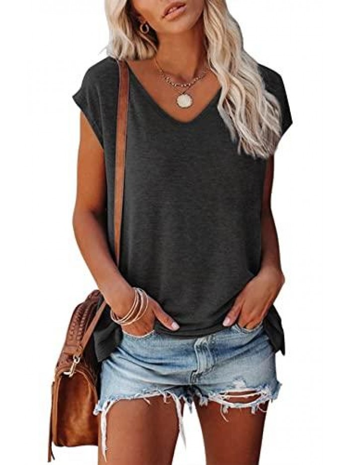 Women's Cap Sleeve Tank Tops V Neck Solid Color Casual Shirts Loose Fit Basic Blouse 