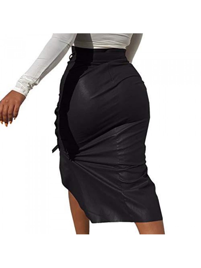 /D Women Trendy PU Leather High Waist Lace-up Slim Pencil Midi Skirt 