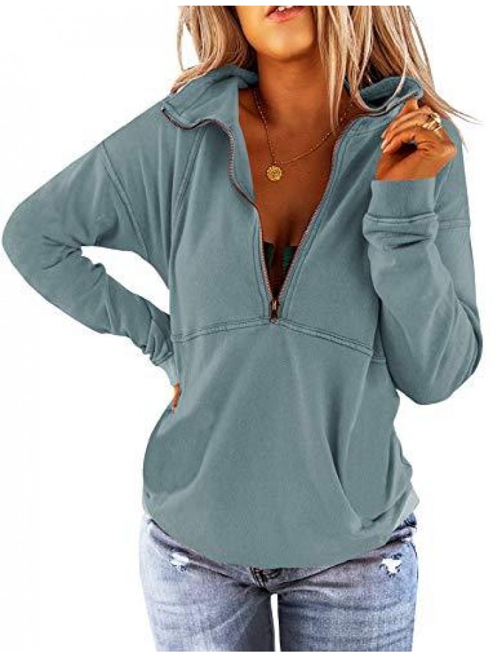 Find Women's Long Sleeve Lapel Half Zip Up Sweatshirt Solid Stylish Loose Fit Casual Pullover Tops 