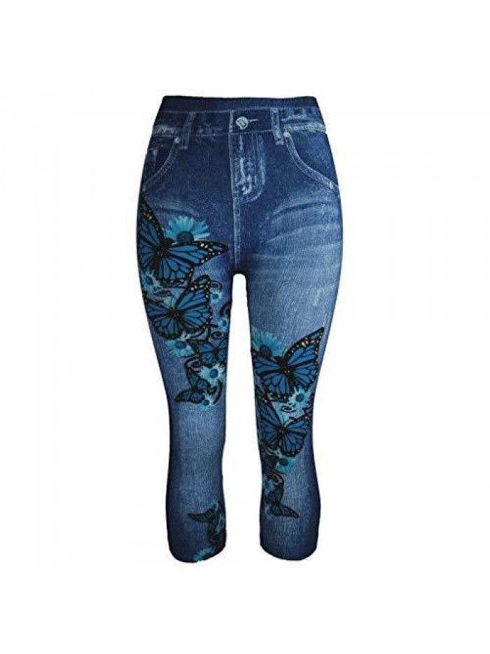 Below Knee Skinny Denim Pants Butterfly Print High Waist Stretch Slim Capri Jeans 3/4 Pencil Leggings 