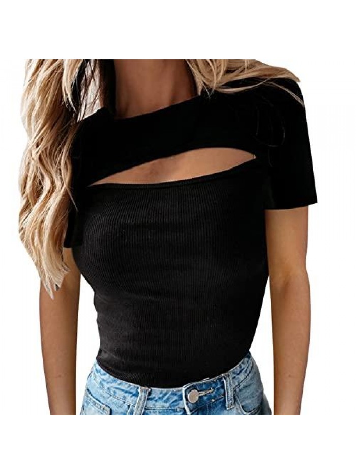 Women's Cutout Front Short Sleeve T Shirt Knitted Pullover Sweater Tops 