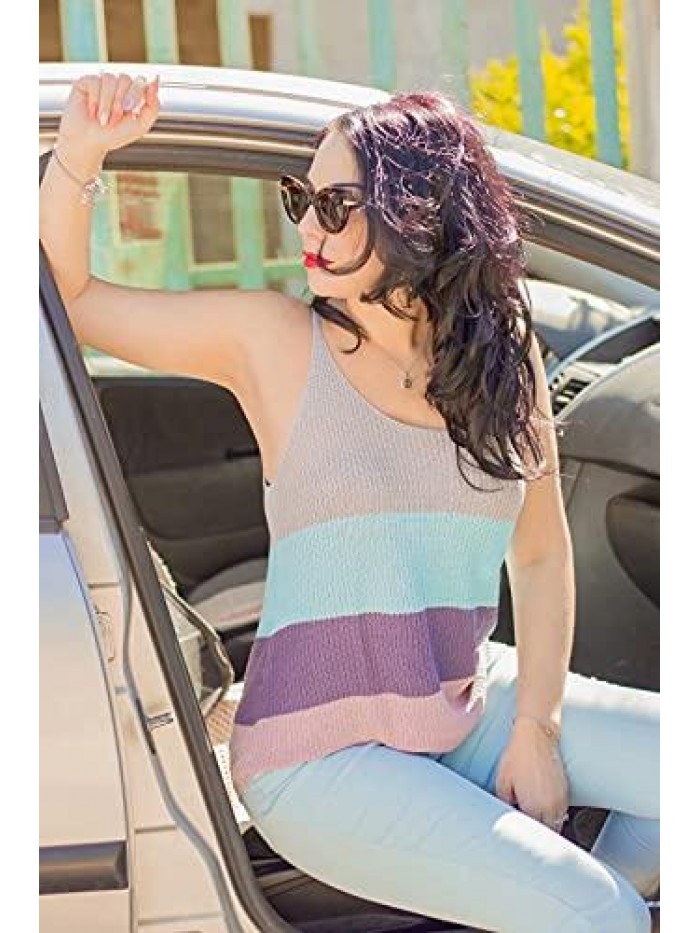 Women's Knitted Color Block Cami Tank Top Sleeveless Scoop Neck Solid Shirts 