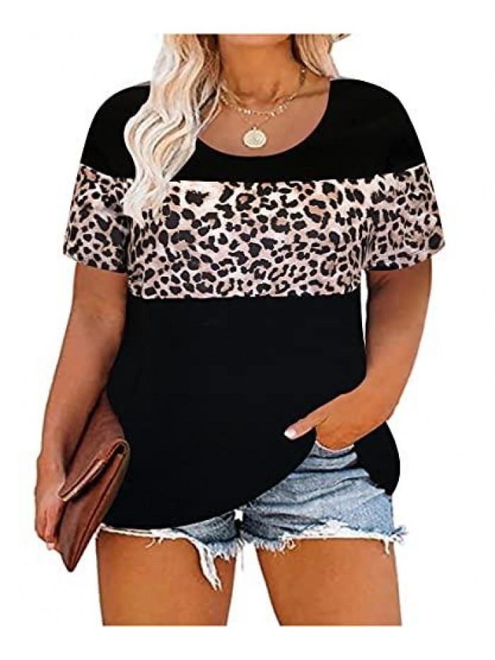 Plus Size Tops for Women Leopard Camo Floral Print Oversized Color Block Tunic Round Neck Summer Short Sleeve Shirt 