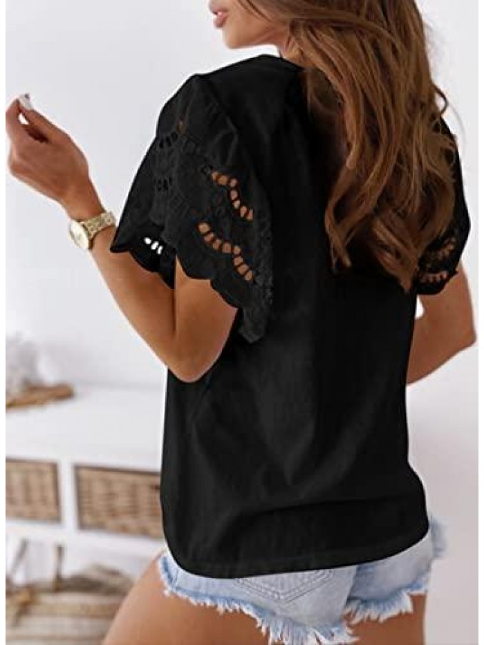 Women Summer Crew Neck Bell Sleeves Blouse Casual Solid Color Crochet T Shirts Hollow Out Sleeves Daily Shirts Tops 