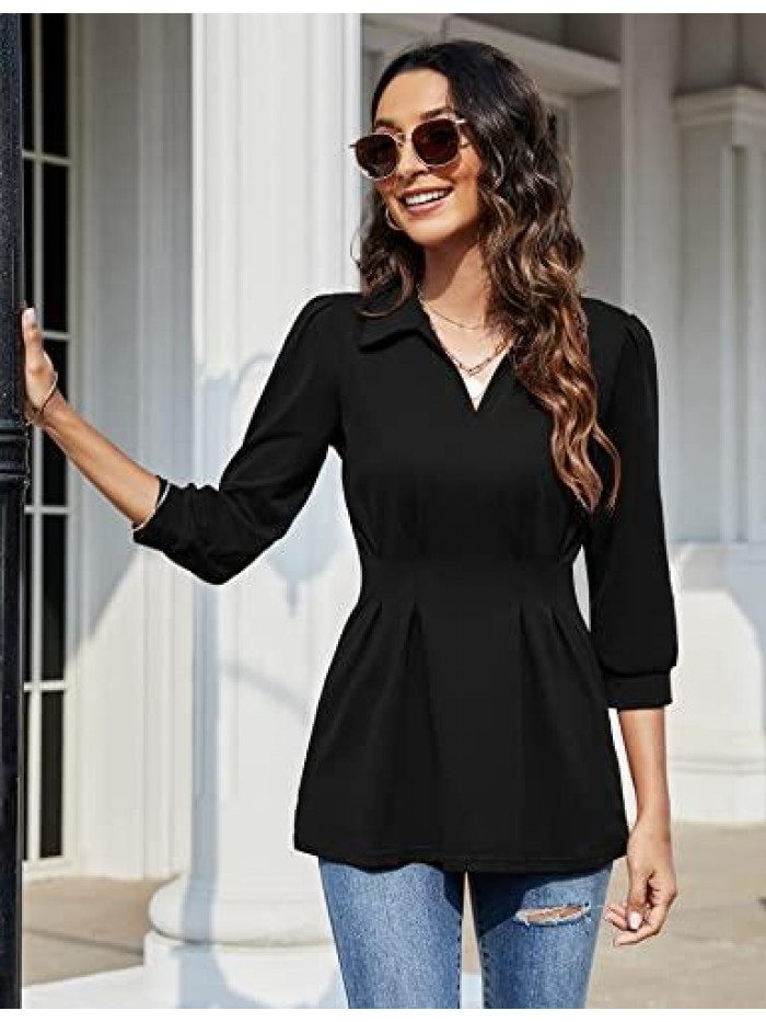 Women's V Neck Blouse with Waist folds 3/4 Sleeve Casual Workwear Loose Shirts Tops 