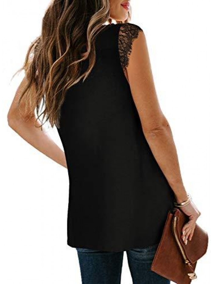 Women's V Neck Lace Tank Tops Summer Casual Sleeveless Shirts Tops Side Split 