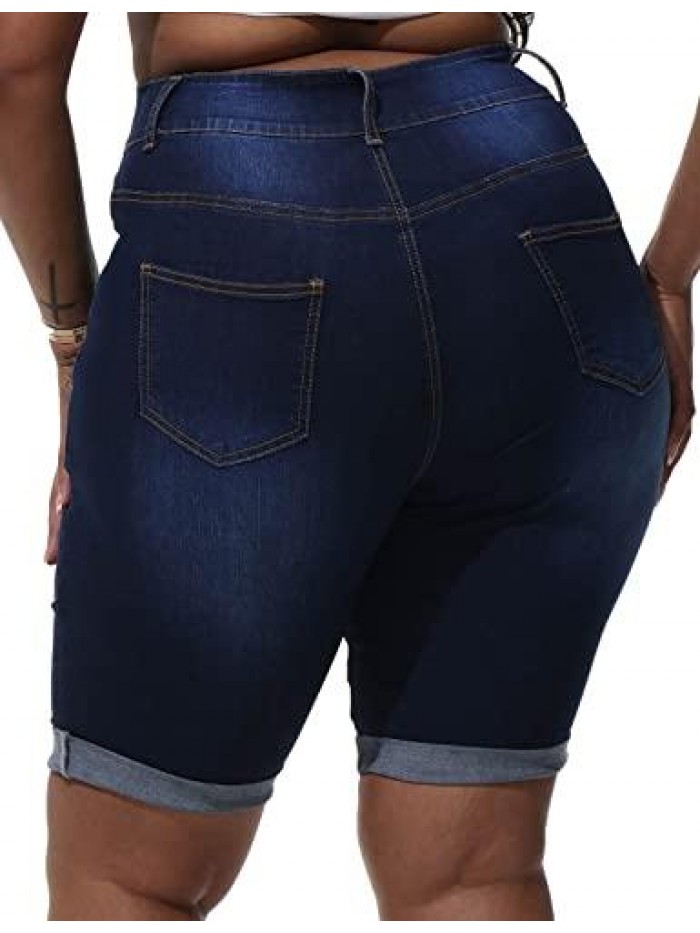 Plus Size Jean Shorts Women Denim Bermuda High Waist Distressed Knee Length Short Jeans 