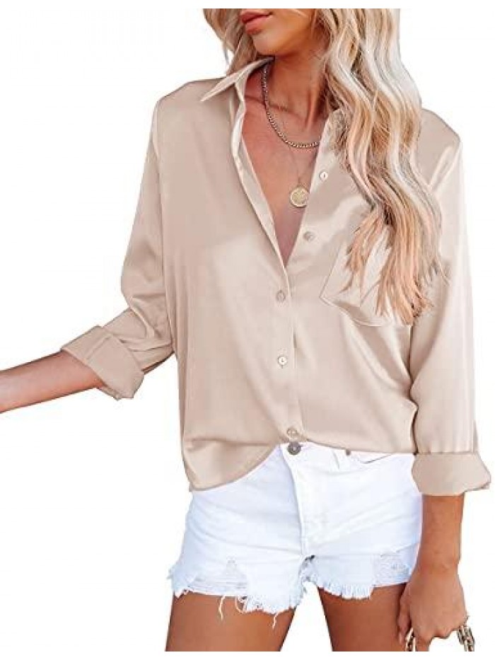 Women's Button Down Satin V Neck Shirts Silky Long Sleeve Office Work Blouse Business Plain Tops with Pocket 