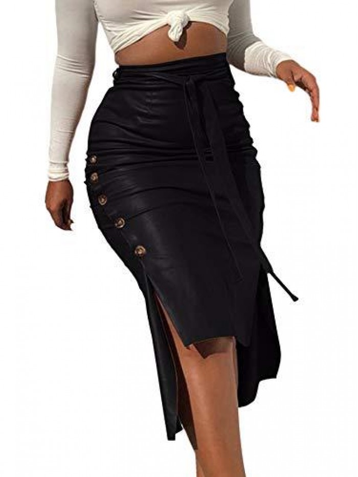 /D Women Trendy PU Leather High Waist Lace-up Slim Pencil Midi Skirt 