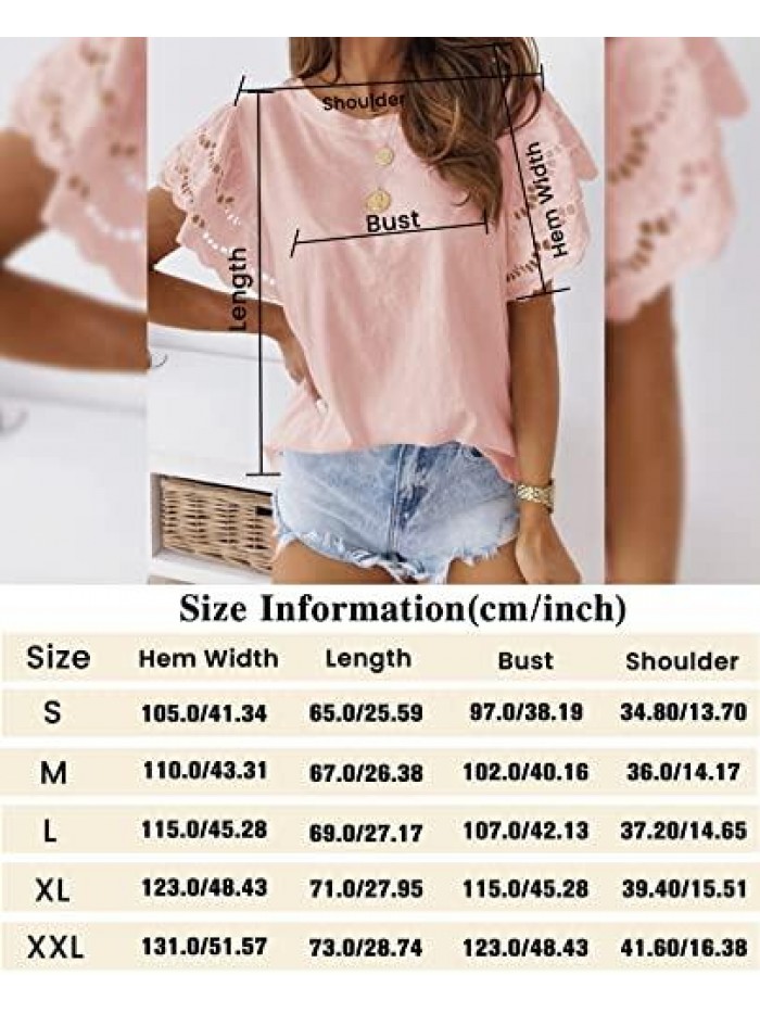 Women Summer Crew Neck Bell Sleeves Blouse Casual Solid Color Crochet T Shirts Hollow Out Sleeves Daily Shirts Tops 
