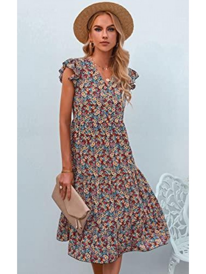 Women's Summer Dress Floral V Neck Ruffle Cap Sleeve A Line Midi Dresses Knee Length Swing Sundress 