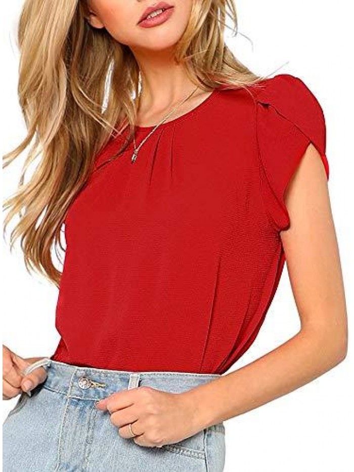 Women's Casual Round Neck Basic Pleated Top Cap Sleeve Curved Keyhole Back Blouse 
