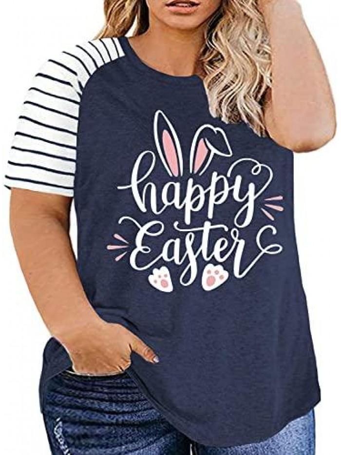Size Happy Easter T-Shirt for Women Bunny Rabbit Graphic Tees Funny Letter Print Short Sleeve Shirts Tops 