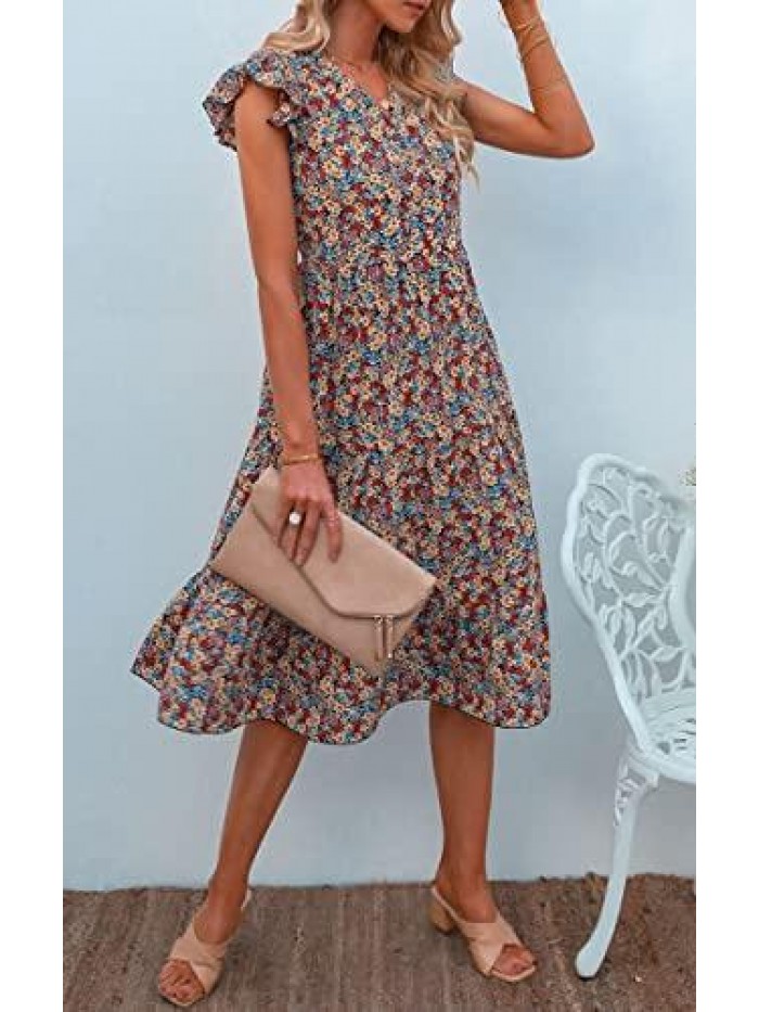 Women's Summer Dress Floral V Neck Ruffle Cap Sleeve A Line Midi Dresses Knee Length Swing Sundress 