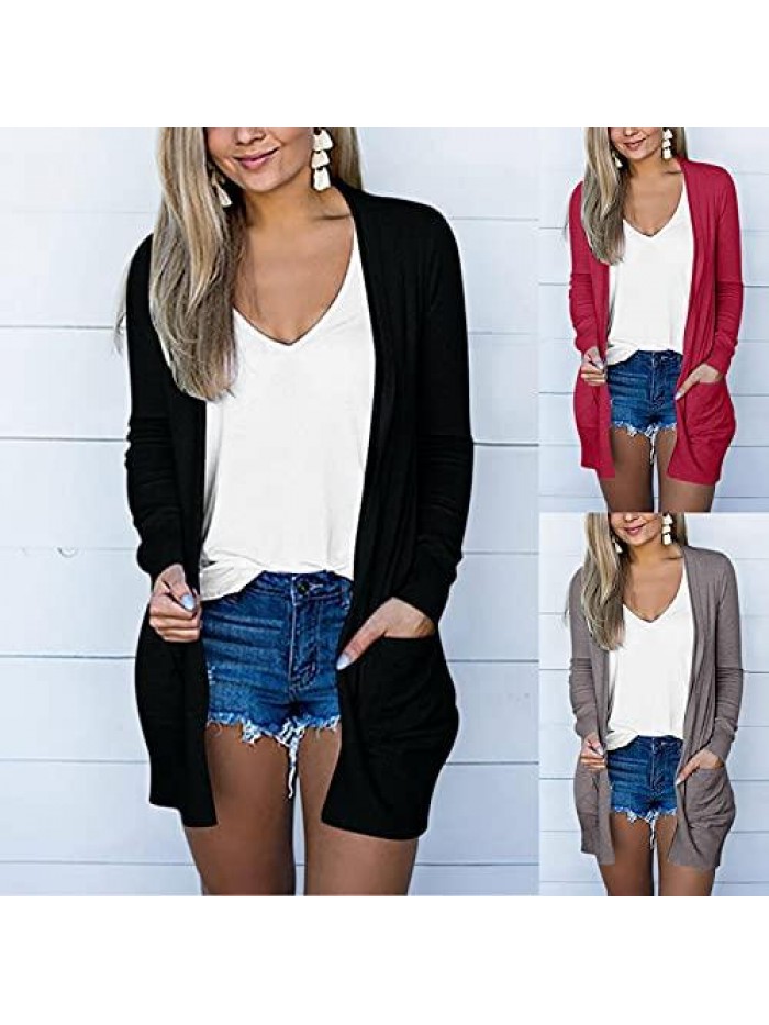 Long Cardigans for Women, Women's Lightweight Soft Open Front Cardigan Sweater Solid Long Sleeve Coat with Pockets 