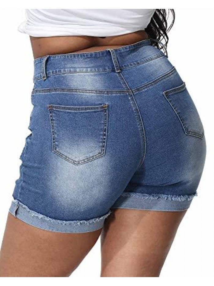 Womens Plus Size Denim Jean Shorts High Waisted Stretch Denim Shorts Frayed Folded Hem Short Jeans 