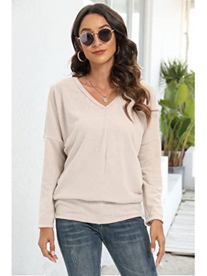 Loose Knit V Neck Lightweight Sweaters Warm Long Sleeve Casual Tops 