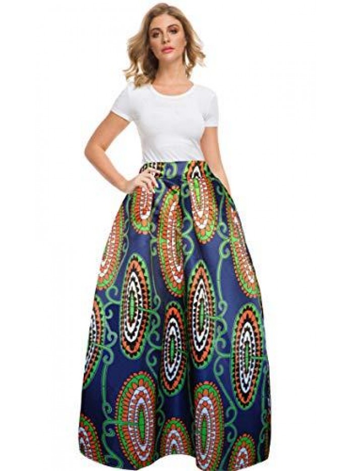 Women African Printed Maxi Skirt Flared Skirt A Line Long Skirts with Pockets S-5XL 