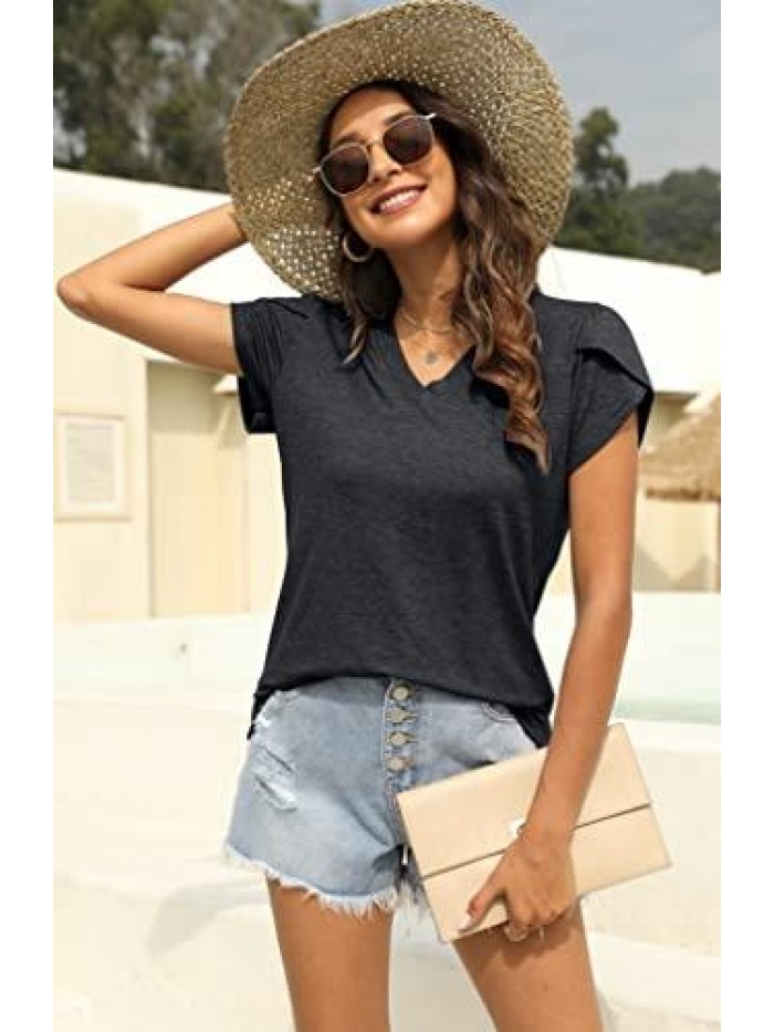 Womens Petal Sleeve Tops V Neck Short Sleeve Shirts Summer Casual Loose Solid Color Basic Tunic Tshirt 