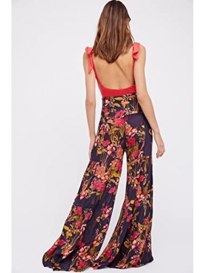 opening Boho High Waist Pants for Women Floral Print Wide Leg Pants Loose Casual Tie Waist Palazzo Pants Beach Trousers 