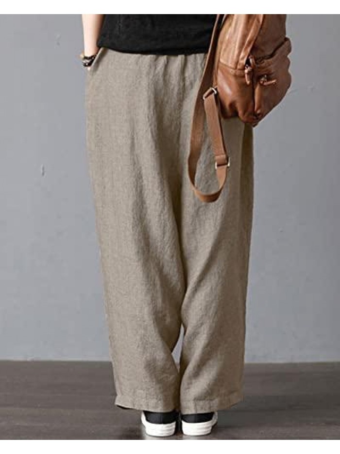 Women's Casual Cotton Linen Pants Baggy Wide Leg Palazzo Pants Elastic Waist Trousers 