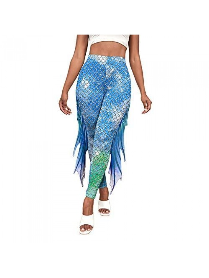 New Womens Mermaid Leggings Funny Novelty High Waist Stretchy Slim Long Pants