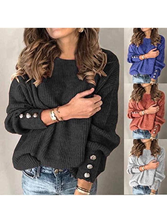Winter Sweaters for Women, Women's Fall Long Sleeve Button Sweater Crewneck Chunky Knitted Loose Pullover Top 