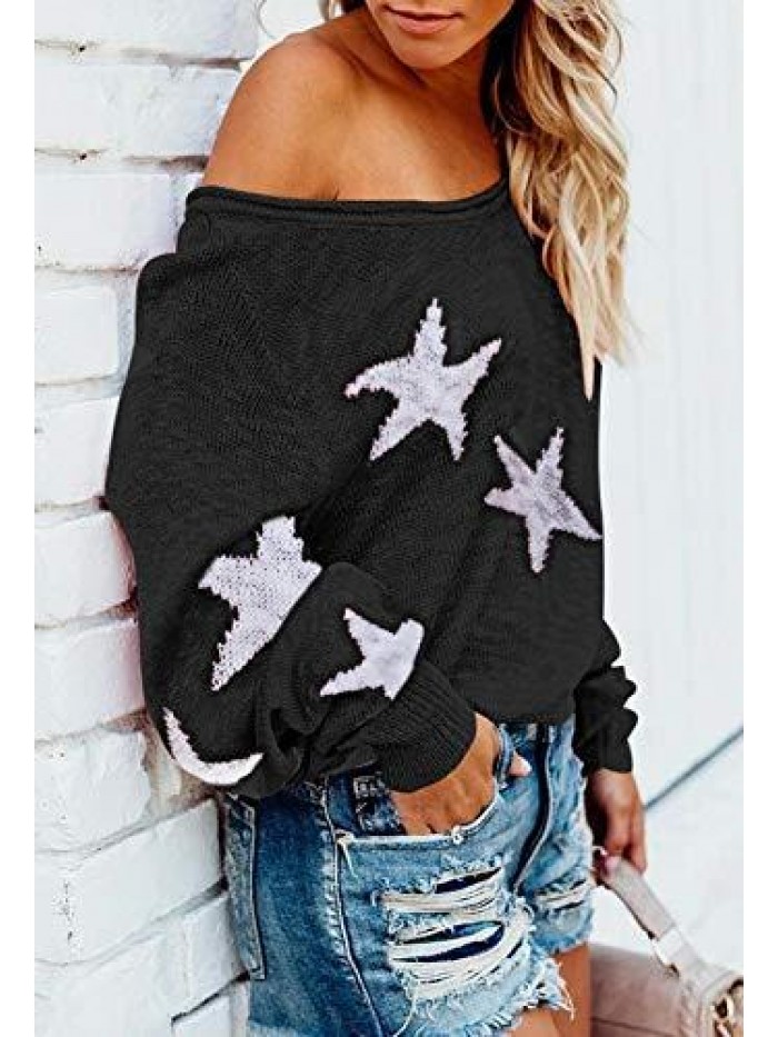 Women's Scoop Neck Long Sleeve Star Pullover Sweater Tunic Tops 