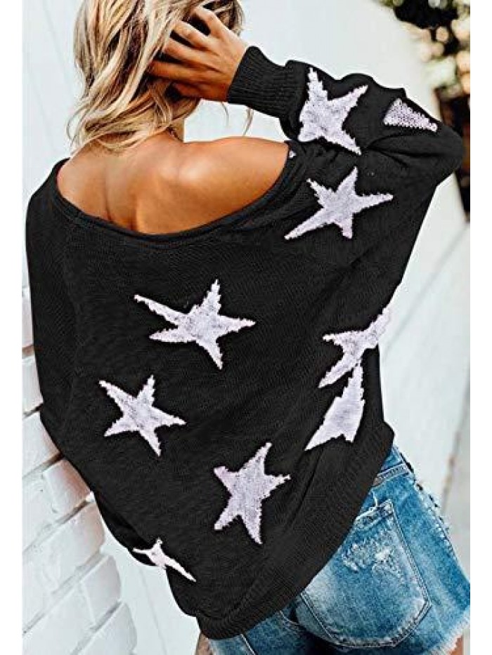 Women's Scoop Neck Long Sleeve Star Pullover Sweater Tunic Tops 