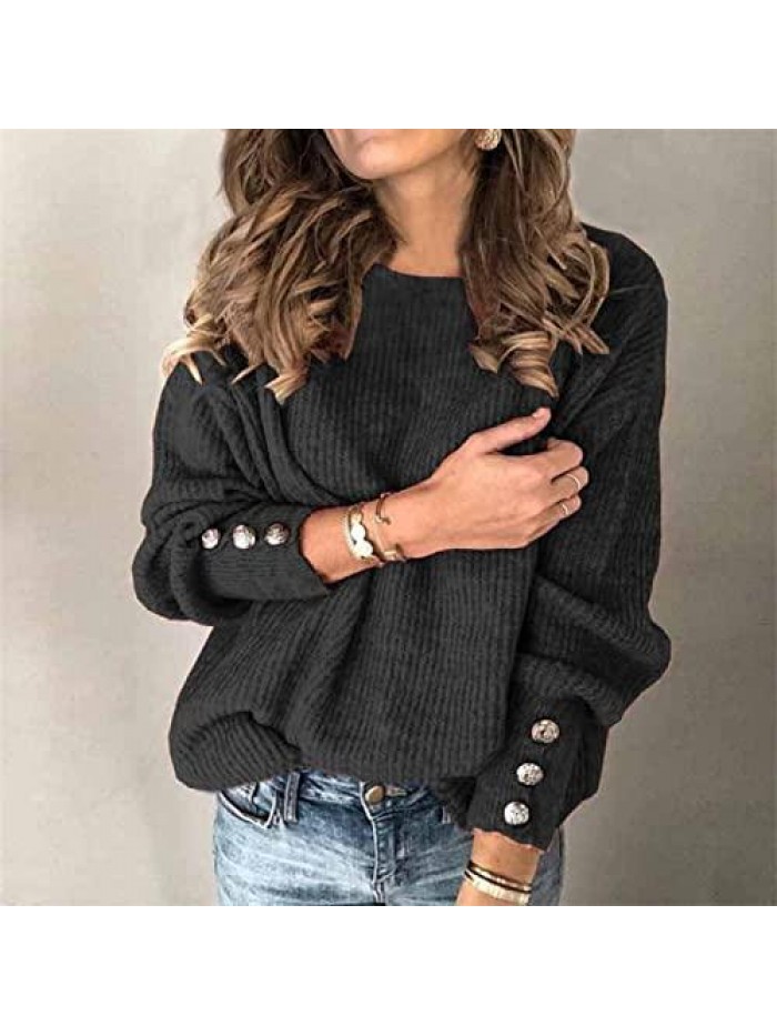 Winter Sweaters for Women, Women's Fall Long Sleeve Button Sweater Crewneck Chunky Knitted Loose Pullover Top 