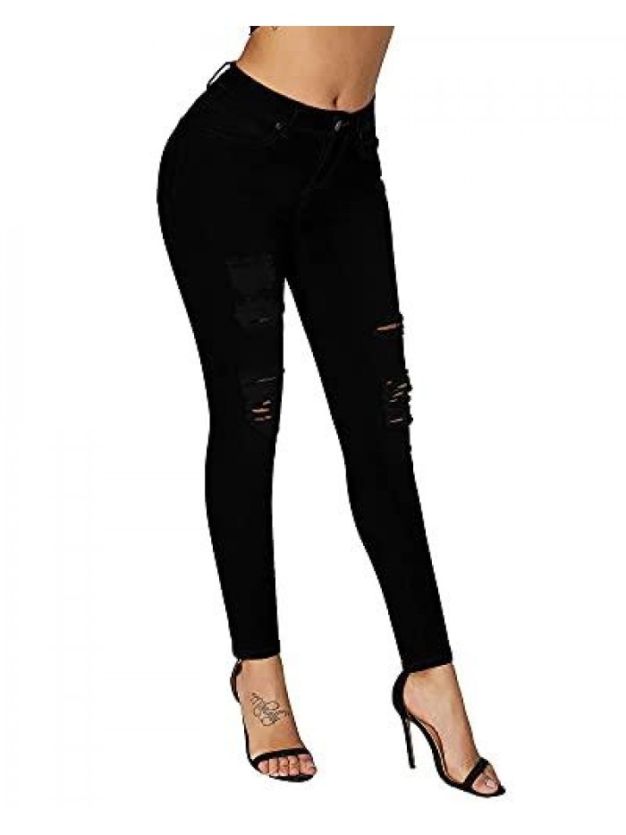 Women's Essentials Ripped Mid Rise Destroyed Skinny Jeans 