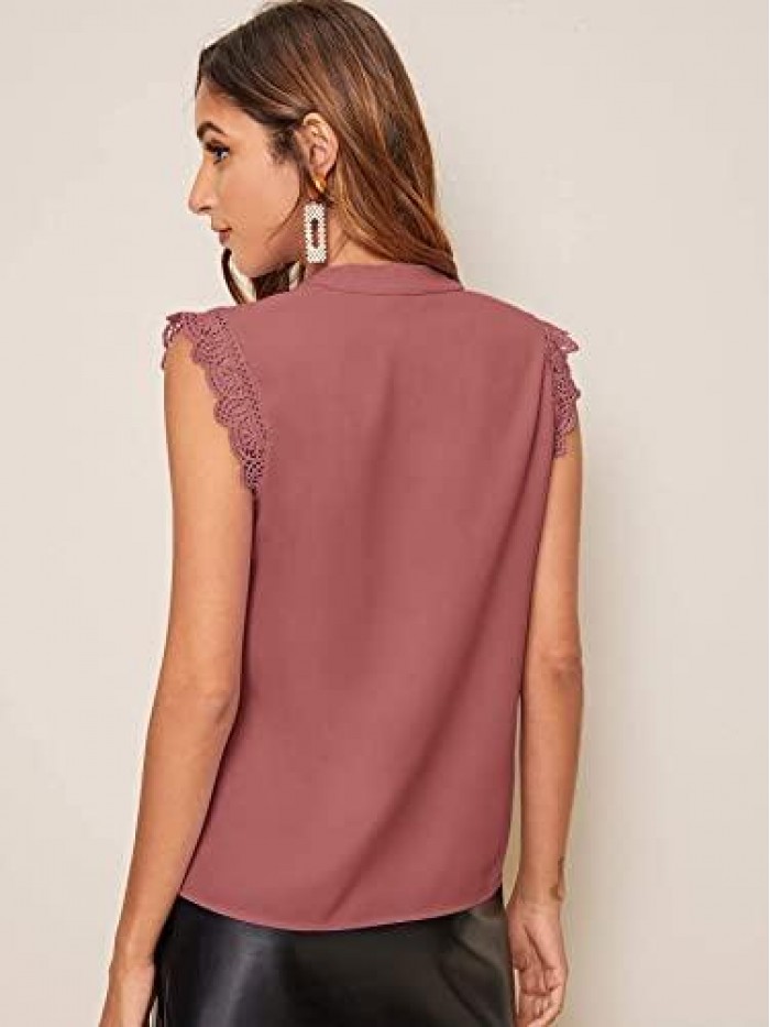 Women's Elegant Notch V Neck Sleeveless Blouse Guipure Lace Work Office Solid Top 