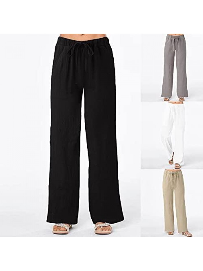 Womens Wide Leg Linen Pants High Waisted Drawstring Cotton Linen Long Trousers with Pockets Casual Loose Beach Pant 