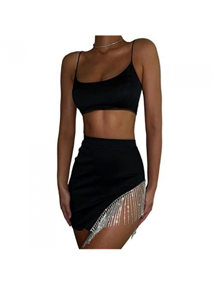 Women Sequin Outfits Sleeveless Off Shoulder Top + Mini Skirt Sparkle Glitter Shiny Party Clothes Set 