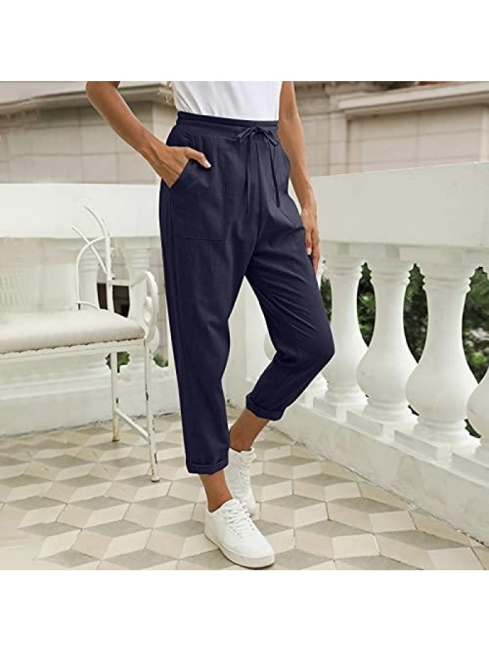 Womens Tapered Pants Cotton Linen Drawstring Back Elastic Waist Pants Casual Trousers with Pockets 
