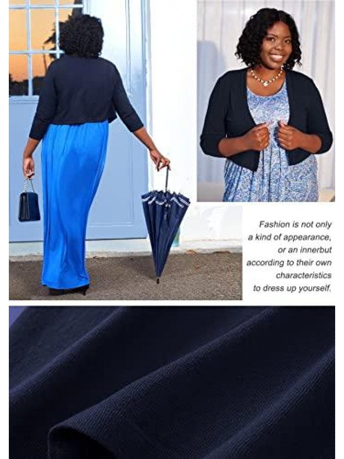 Plus Size Shrug for Women 3/4 Sleeve Lightweight Cardigan Open Front Knit Cropped Bolero Sweater L-5X 