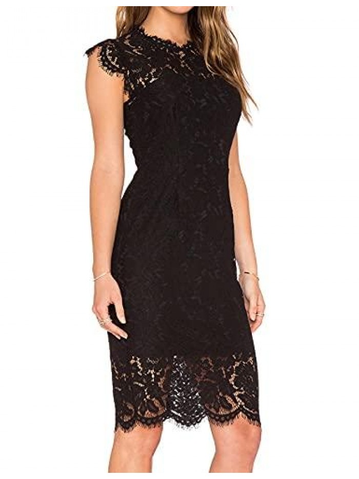 Women's Sleeveless Lace Floral Elegant Cocktail Dress Crew Neck Knee Length for Party 