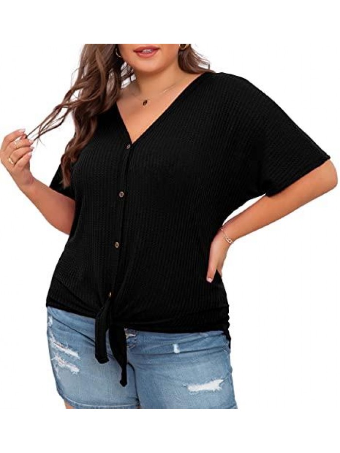 Womens Plus Size Tops Short Sleeve|Long Sleeve V Neck Waffle Knit Tunic Blouse Tie Front Button Up T Shirts 