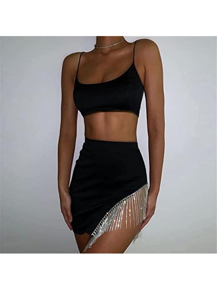 Women Sequin Outfits Sleeveless Off Shoulder Top + Mini Skirt Sparkle Glitter Shiny Party Clothes Set 