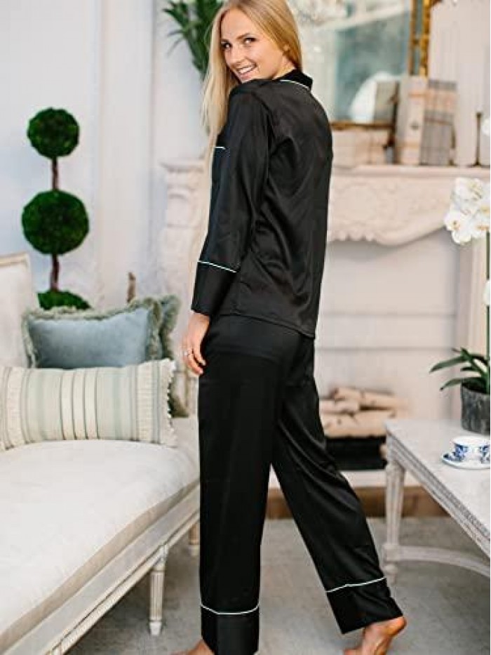 Design Women's Silk Satin Pajama Button Down Long Sleeve and Pants Set Sleepwear Loungewear S To XXL 