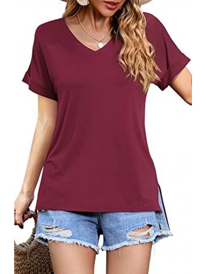 Women's Summer Short Sleeve V-Neck Shirts Casual Tee T-Shirt Side Split Loose Tops 