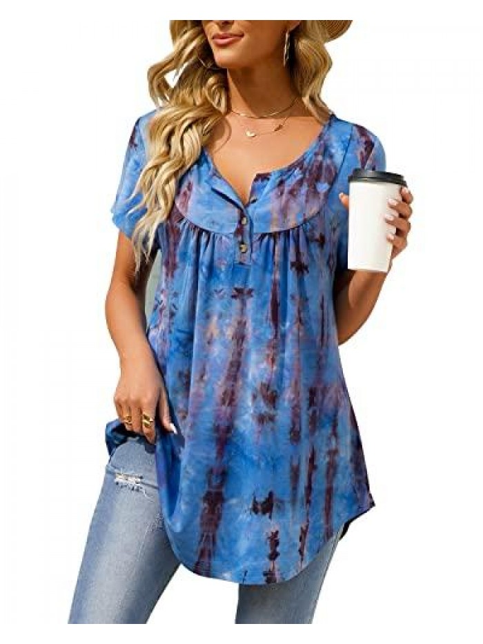 Womens Tie-Dye Tops V Neck Soft T-Shirts Flowy Pleats Tunic Button up Casual Blouses Summer Short Sleeve 